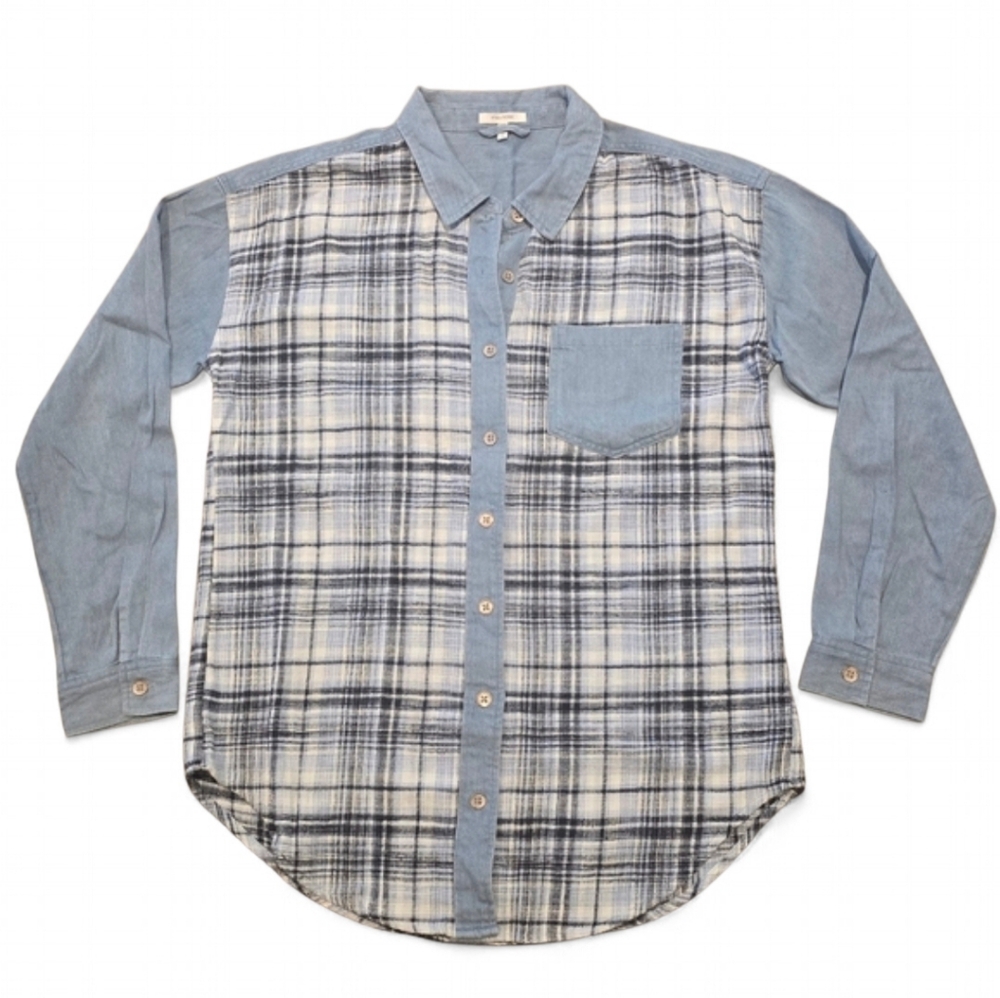 Denim and‎ Chambray Plaid Oversized Boyfriend Button Down Shirt Size Small